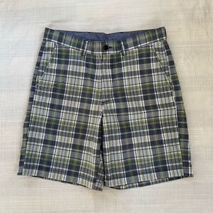 LL Bean Plaid Check Bermuda Shorts Sz 34 Standard Fit Blue White Green Resort